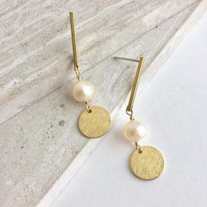 Pearl & Coin — Brass Line— Post Earrings